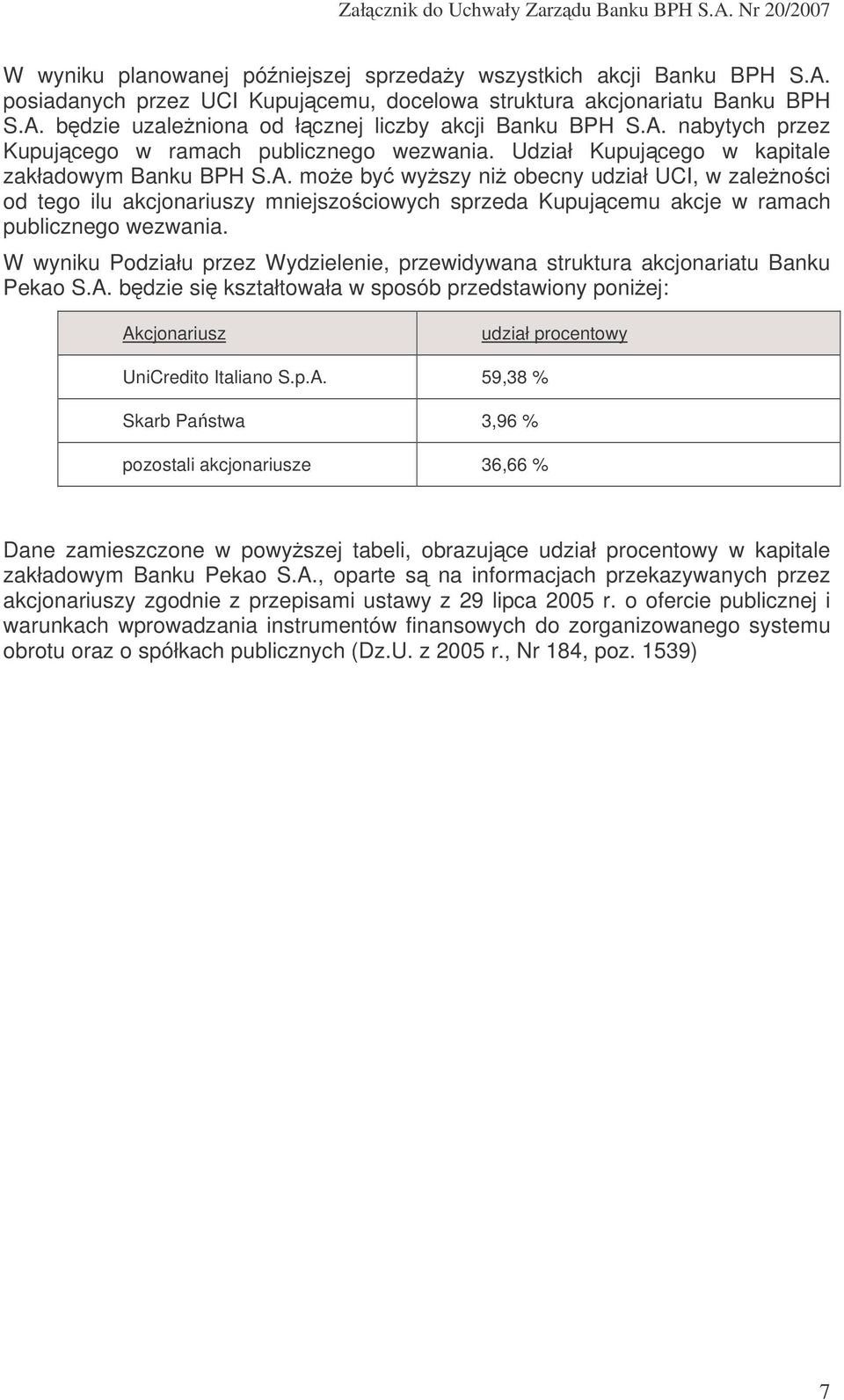 W wyniku Podziału przez Wydzielenie, przewidywana struktura akcjonariatu Banku Pekao S.A.