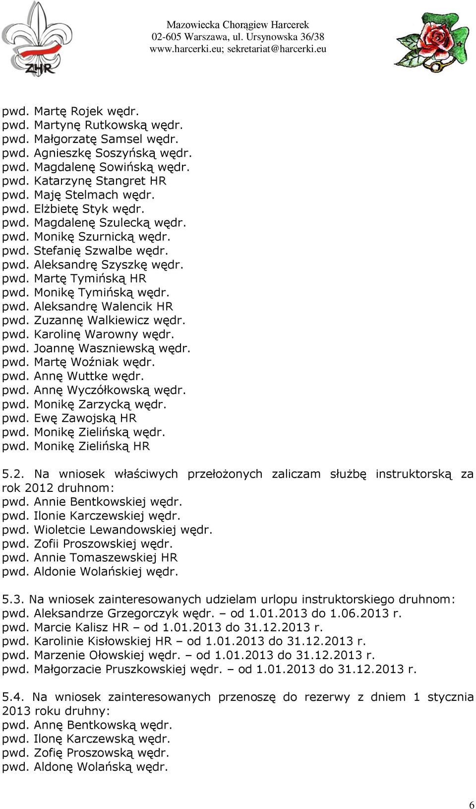 Zuzannę Walkiewicz wędr. pwd. Karolinę Warowny wędr. pwd. Joannę Waszniewską wędr. pwd. Martę Woźniak wędr. pwd. Annę Wuttke wędr. pwd. Annę Wyczółkowską wędr. pwd. Monikę Zarzycką wędr. pwd. Ewę Zawojską HR pwd.