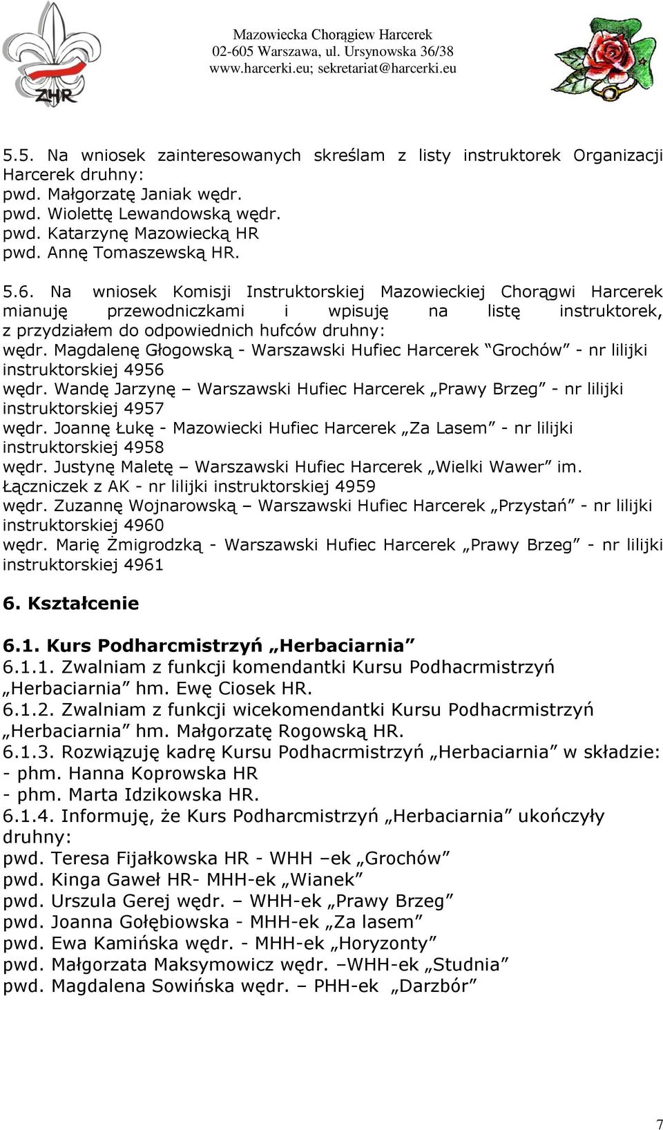 Magdalenę Głogowską - Warszawski Hufiec Harcerek Grochów - nr lilijki instruktorskiej 4956 wędr. Wandę Jarzynę Warszawski Hufiec Harcerek Prawy Brzeg - nr lilijki instruktorskiej 4957 wędr.