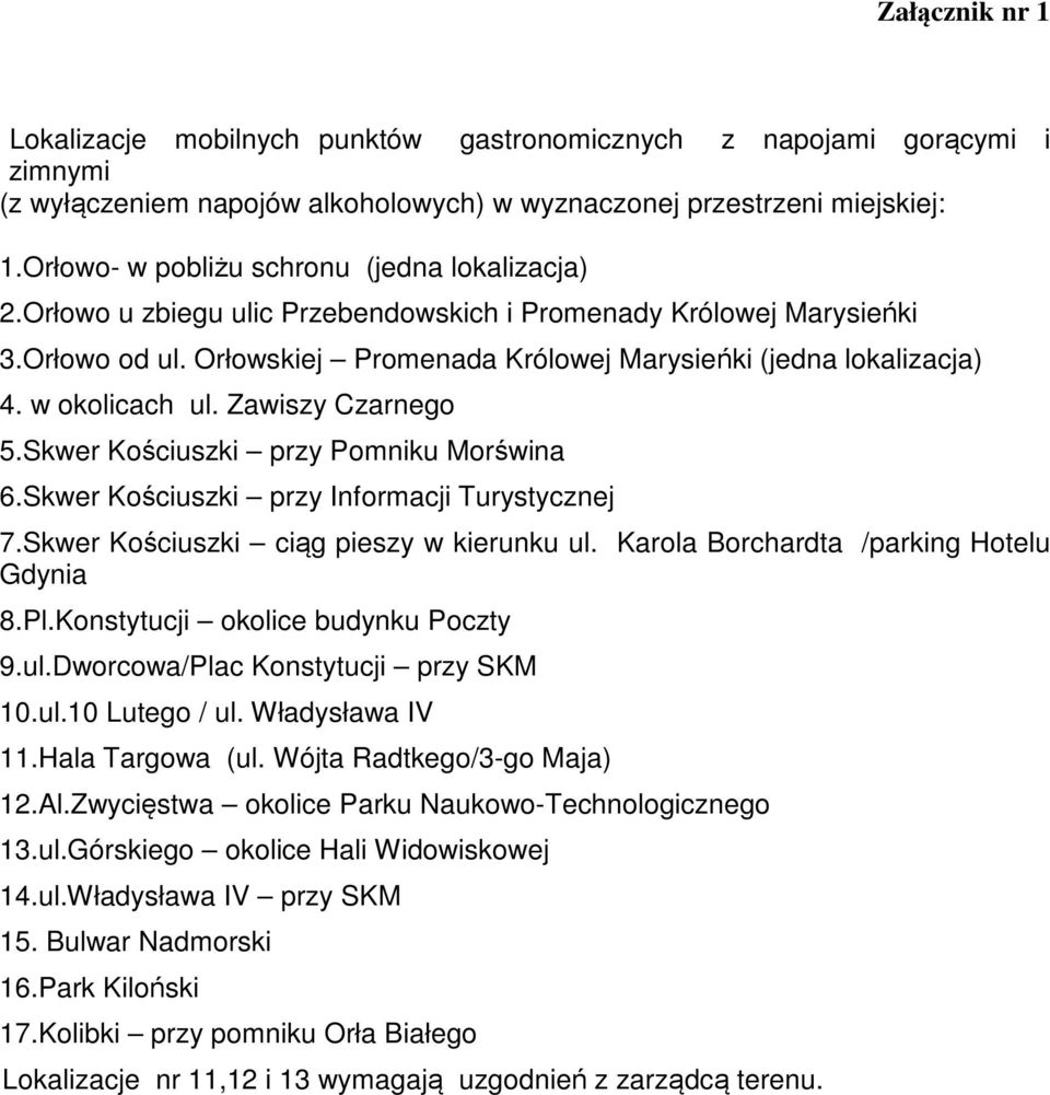 w okolicach ul. Zawiszy Czarnego 5.Skwer Kościuszki przy Pomniku Morświna 6.Skwer Kościuszki przy Informacji Turystycznej 7.Skwer Kościuszki ciąg pieszy w kierunku ul.