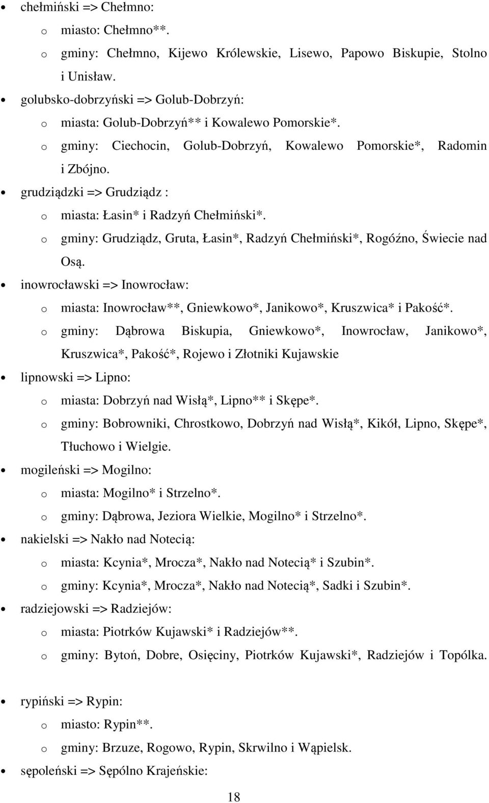 grudziądzki => Grudziądz : o o miasta: Łasin* i Radzyń Chełmiński*. gminy: Grudziądz, Gruta, Łasin*, Radzyń Chełmiński*, Rogóźno, Świecie nad Osą.