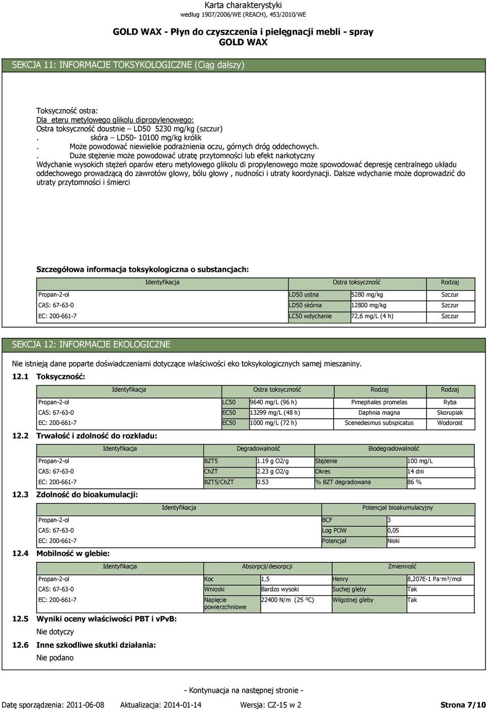 . Duże stężenie może powodować utratę przytomności lub efekt narkotyczny Wdychanie wysokich stężeń oparów eteru metylowego glikolu di propylenowego może spowodować depresję centralnego układu