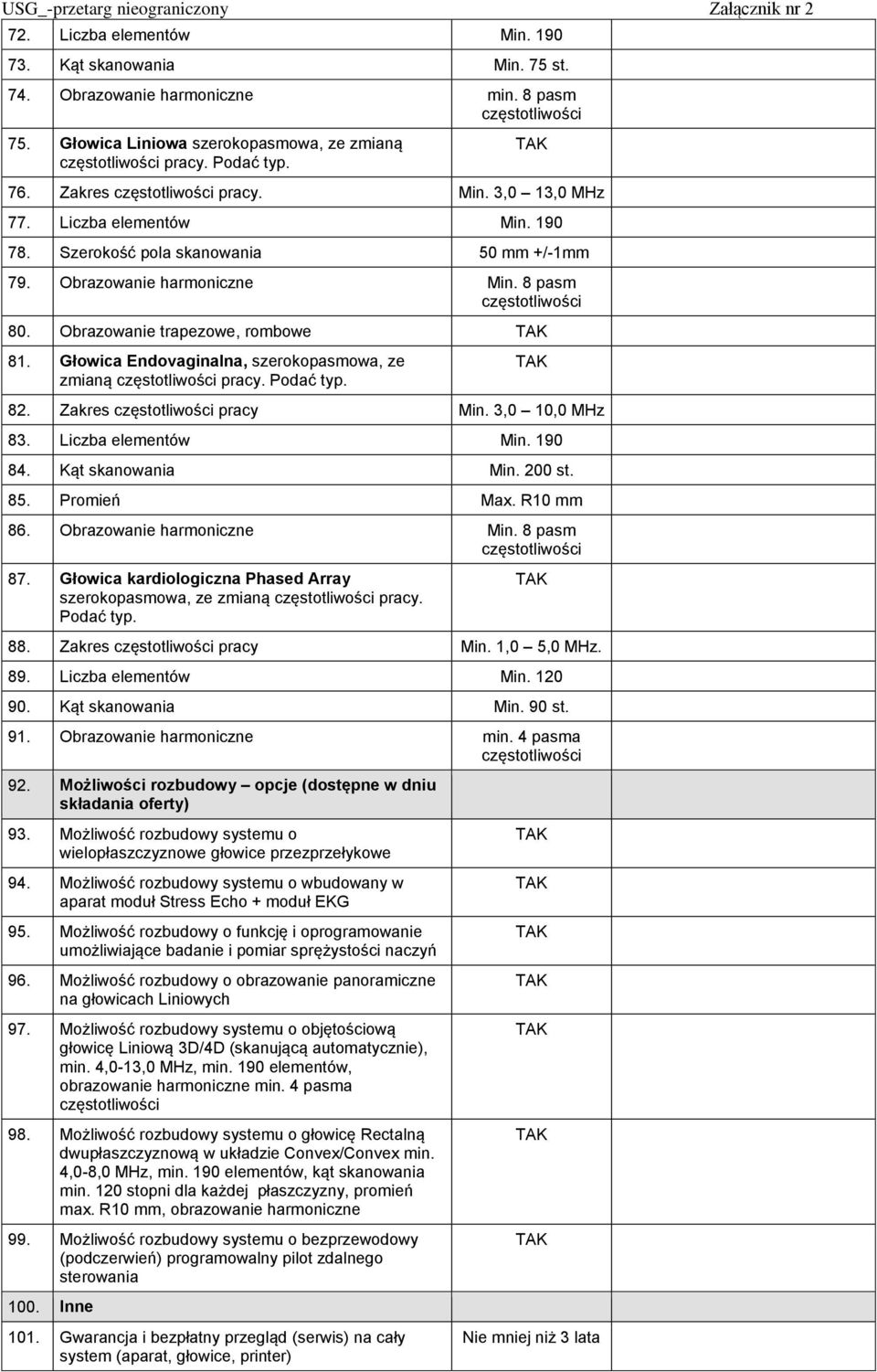 Głowica Endovaginalna, szerokopasmowa, ze zmianą pracy. typ. 82. Zakres pracy Min. 3,0 10,0 MHz 83. Liczba elementów Min. 190 84. Kąt skanowania Min. 200 st. 85. Promień Max. R10 mm 86.