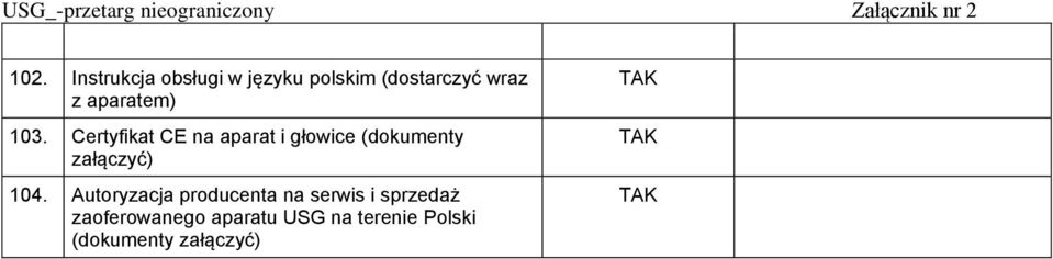 Certyfikat CE na aparat i głowice (dokumenty załączyć) 104.