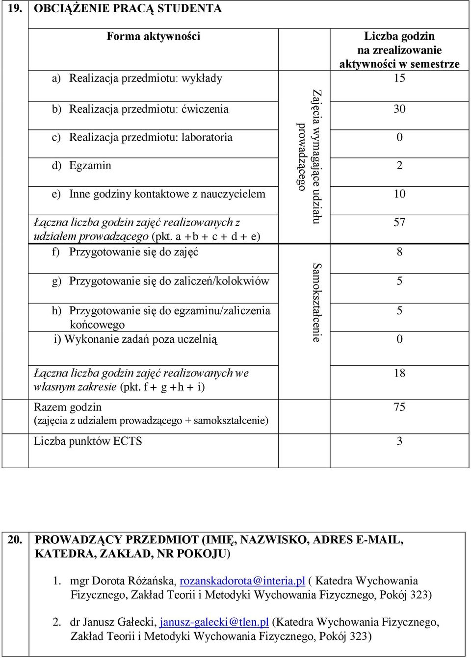 Egzamin 2 e) Inne godziny kontaktowe z nauczycielem 10 Łączna liczba godzin zajęć realizowanych z udziałem prowadzącego (pkt.