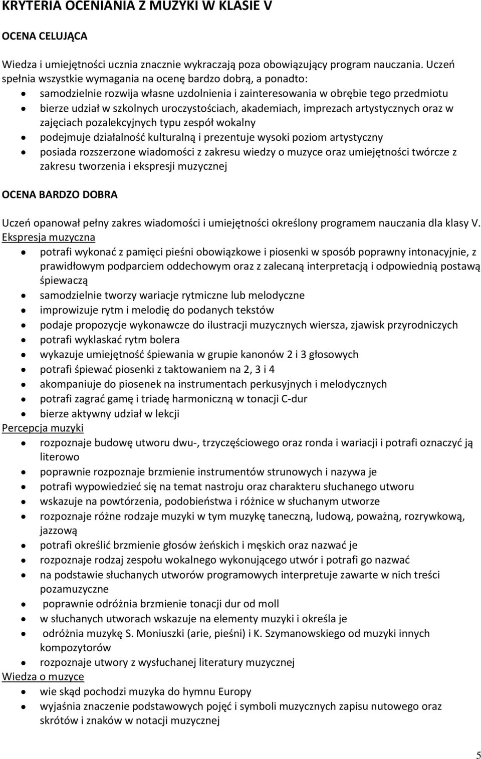 akademiach, imprezach artystycznych oraz w zajęciach pozalekcyjnych typu zespół wokalny podejmuje działalność kulturalną i prezentuje wysoki poziom artystyczny posiada rozszerzone wiadomości z