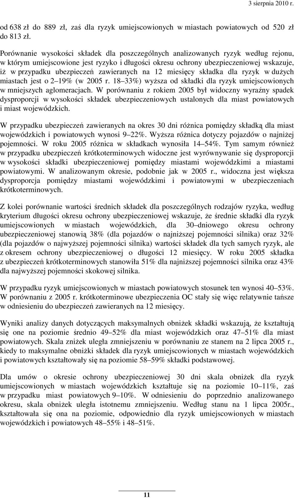 zawieranych na 12 miesięcy składka dla ryzyk w duŝych miastach jest o 2 19% (w 2005 r. 18 33%) wyŝsza od składki dla ryzyk umiejscowionych w mniejszych aglomeracjach.