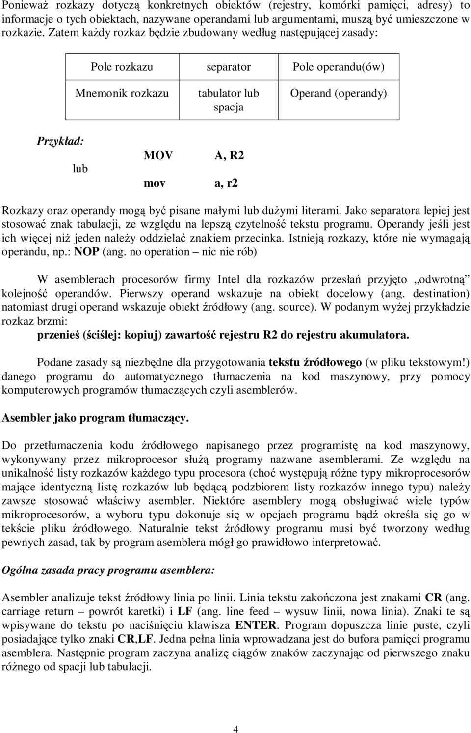 operandy mogą być pisane małymi lub duŝymi literami. Jako separatora lepiej jest stosować znak tabulacji, ze względu na lepszą czytelność tekstu programu.