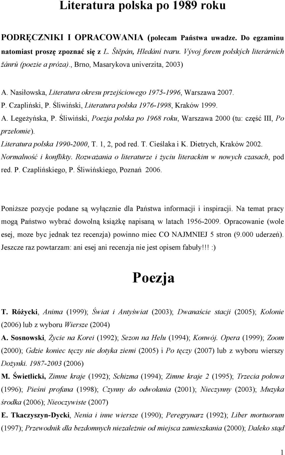 Śliwiński, Literatura polska 1976-1998, Kraków 1999. A. Legeżyńska, P. Śliwiński, Poezja polska po 1968 roku, Warszawa 2000 (tu: część III, Po przełomie). Literatura polska 1990-2000, T.