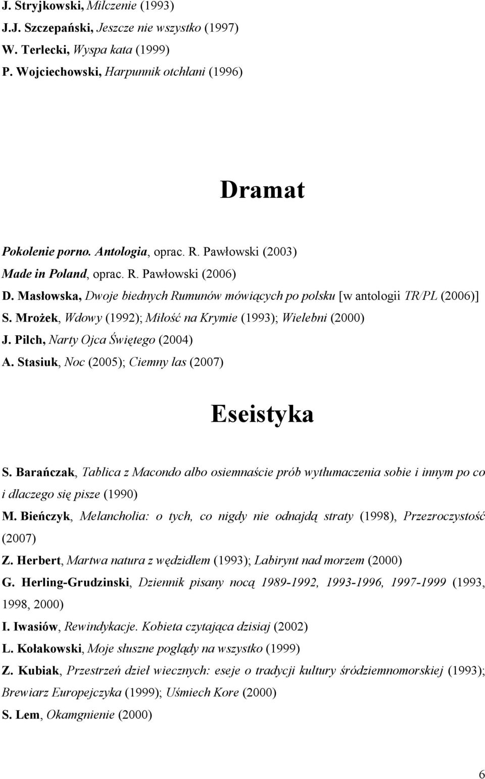 Mrożek, Wdowy (1992); Miłość na Krymie (1993); Wielebni (2000) J. Pilch, Narty Ojca Świętego (2004) A. Stasiuk, Noc (2005); Ciemny las (2007) Eseistyka S.