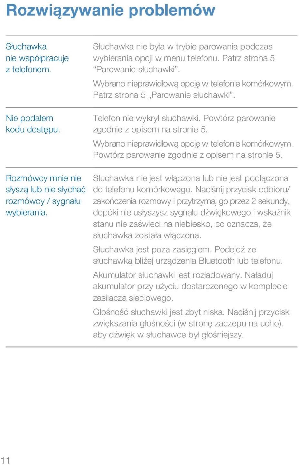 Powtórz parowanie zgodnie z opisem na stronie 5. Wybrano nieprawidłową opcję w telefonie komórkowym. Powtórz parowanie zgodnie z opisem na stronie 5.