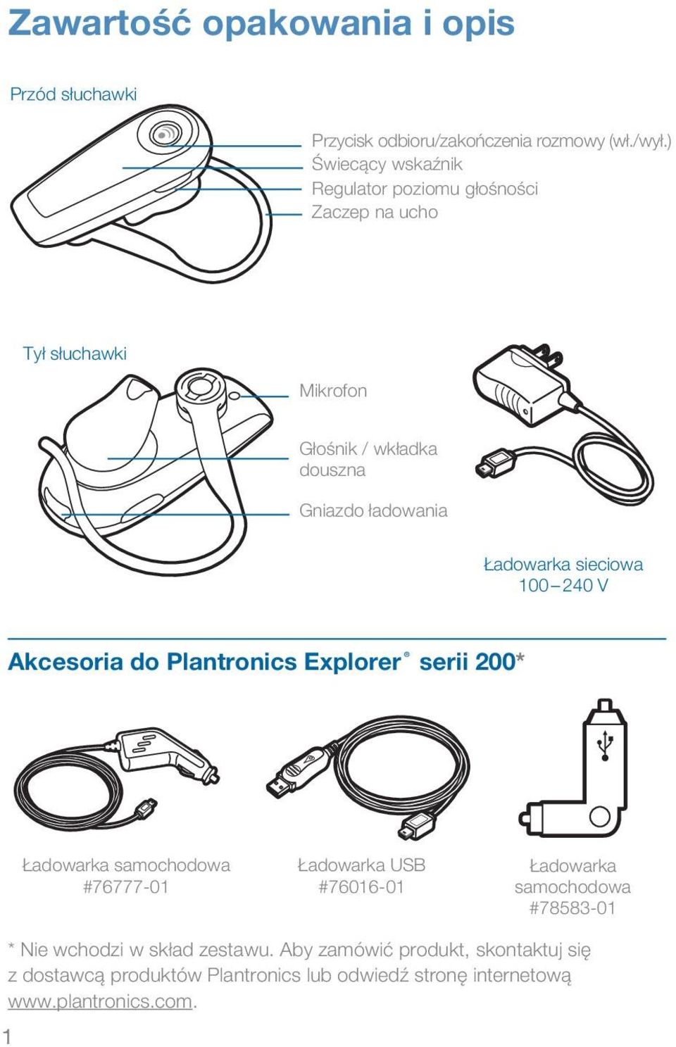 ładowania Ładowarka sieciowa 100 240 V Akcesoria do Plantronics Explorer serii 200* Ładowarka samochodowa #76777-01 Ładowarka