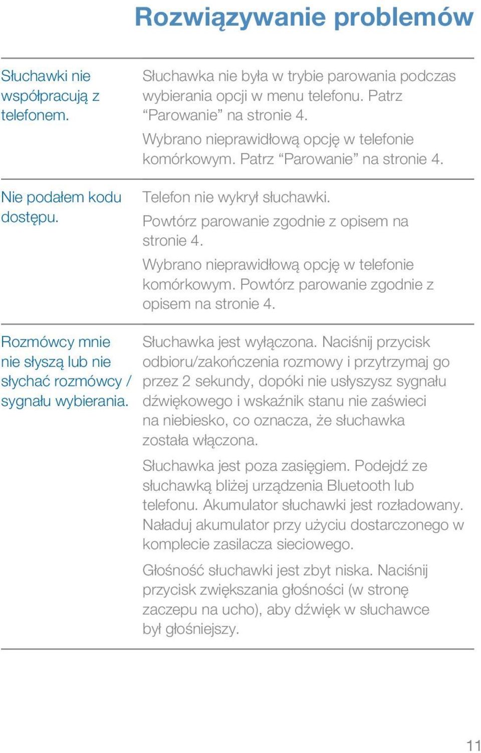 Wybrano nieprawidłową opcję w telefonie komórkowym. Powtórz parowanie zgodnie z opisem na stronie 4. Rozmówcy mnie nie słyszą lub nie słychać rozmówcy / sygnału wybierania. Słuchawka jest wyłączona.