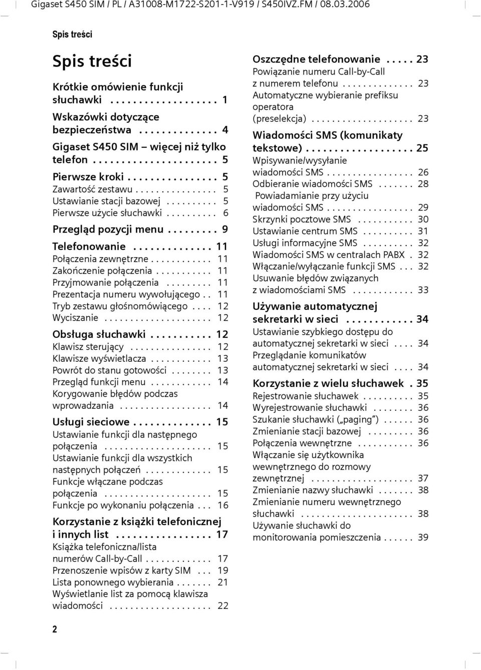 ......... 5 Pierwsze użycie słuchawki.......... 6 Przegląd pozycji menu......... 9 Telefonowanie.............. 11 Połączenia zewnętrzne............ 11 Zakończenie połączenia.