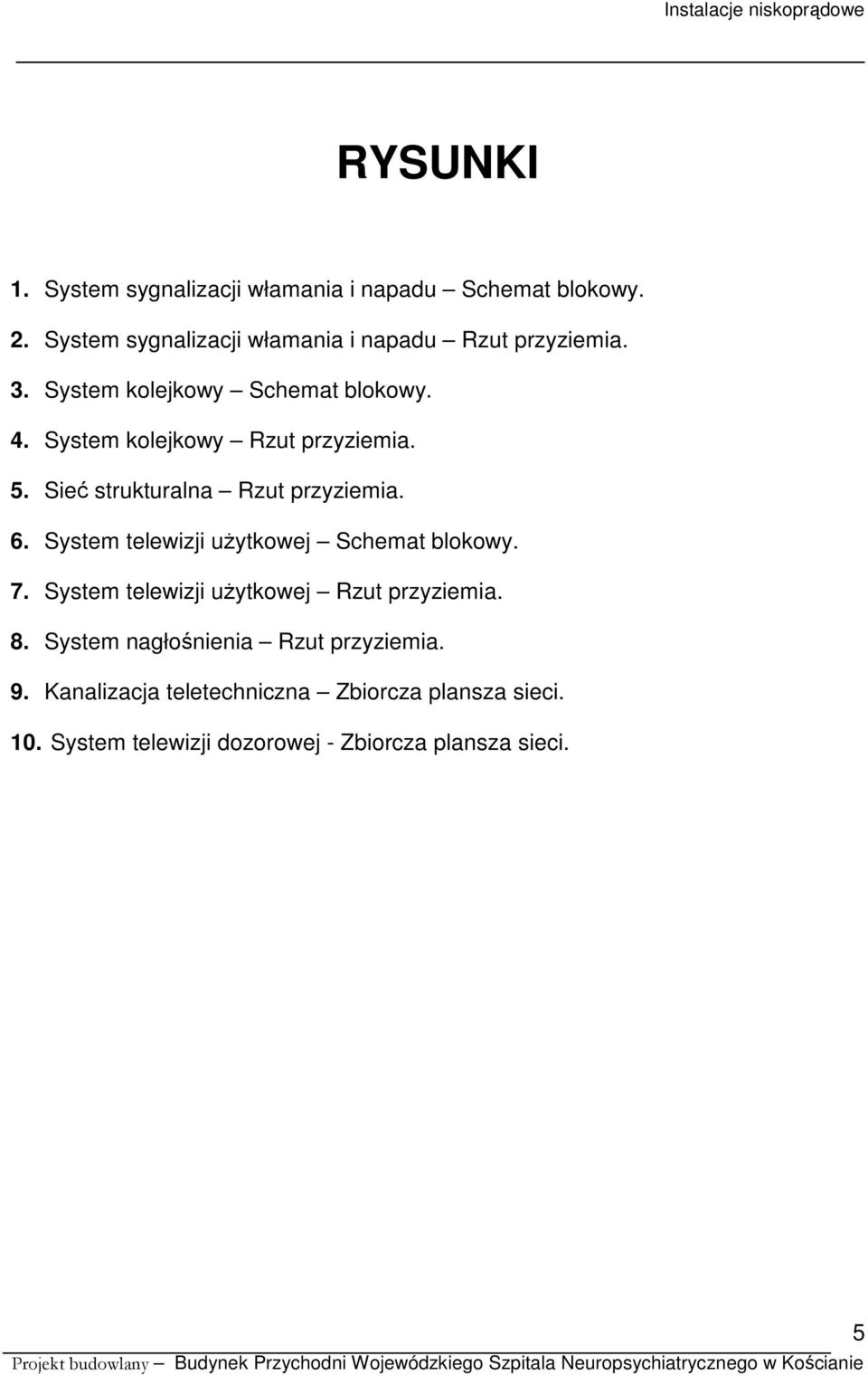 System kolejkowy Rzut przyziemia. 5. Sieć strukturalna Rzut przyziemia. 6. System telewizji użytkowej Schemat blokowy. 7.