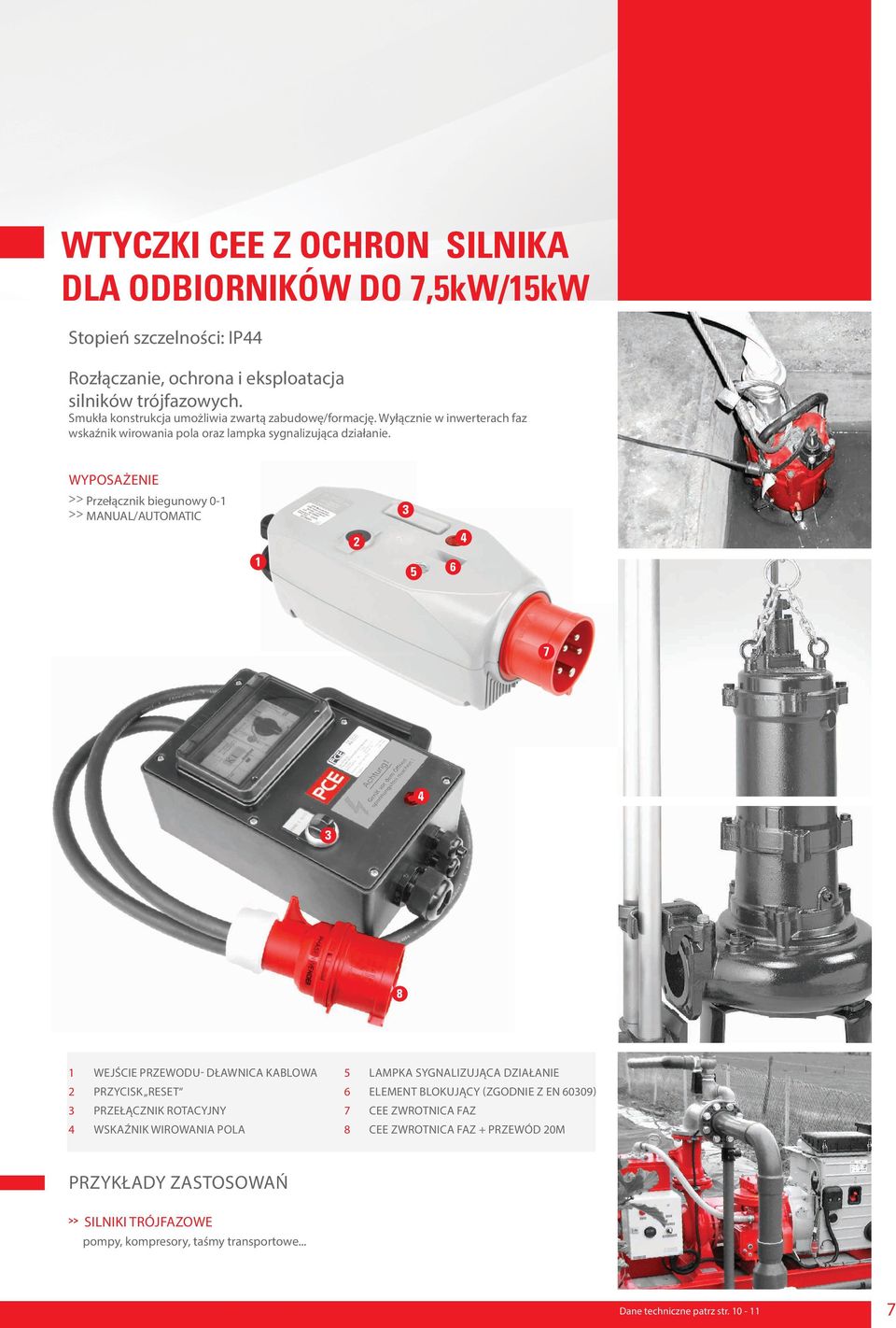 WYPOSAŻENIE >> Przełącznik biegunowy 0-1 >> MANUAL/AUTOMATIC 3 1 2 5 6 4 7 4 3 8 1 WEJŚCIE PRZEWODU- DŁAWNICA KABLOWA 2 PRZYCISK RESET 3 PRZEŁĄCZNIK ROTACYJNY 4 WSKAŹNIK WIROWANIA