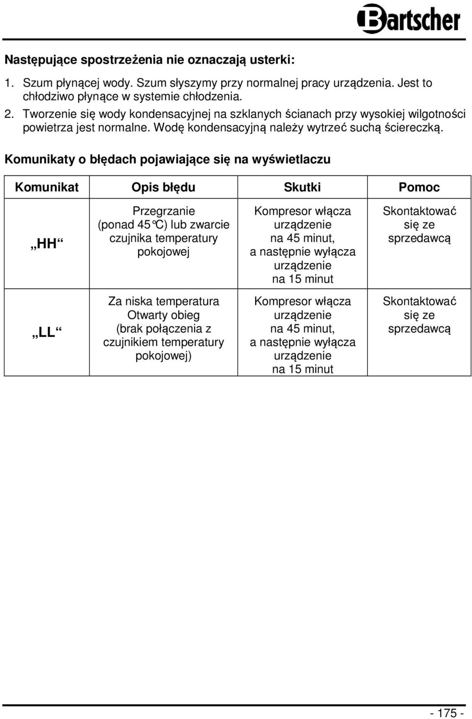 Komunikaty o błędach pojawiające się na wyświetlaczu Komunikat Opis błędu Skutki Pomoc HH Przegrzanie (ponad 45 C) lub zwarcie czujnika temperatury pokojowej Kompresor włącza urządzenie na 45 minut,