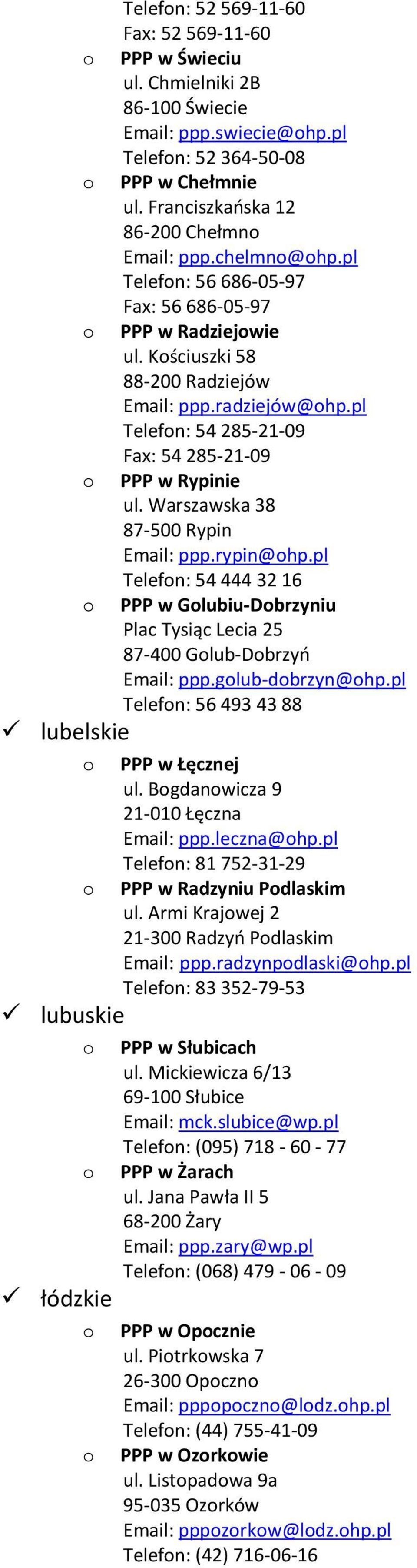 pl Telefn: 54 285-21-09 Fax: 54 285-21-09 PPP w Rypinie ul. Warszawska 38 87-500 Rypin ppp.rypin@hp.pl Telefn: 54 444 32 16 PPP w Glubiu-Dbrzyniu Plac Tysiąc Lecia 25 87-400 Glub-Dbrzyń ppp.