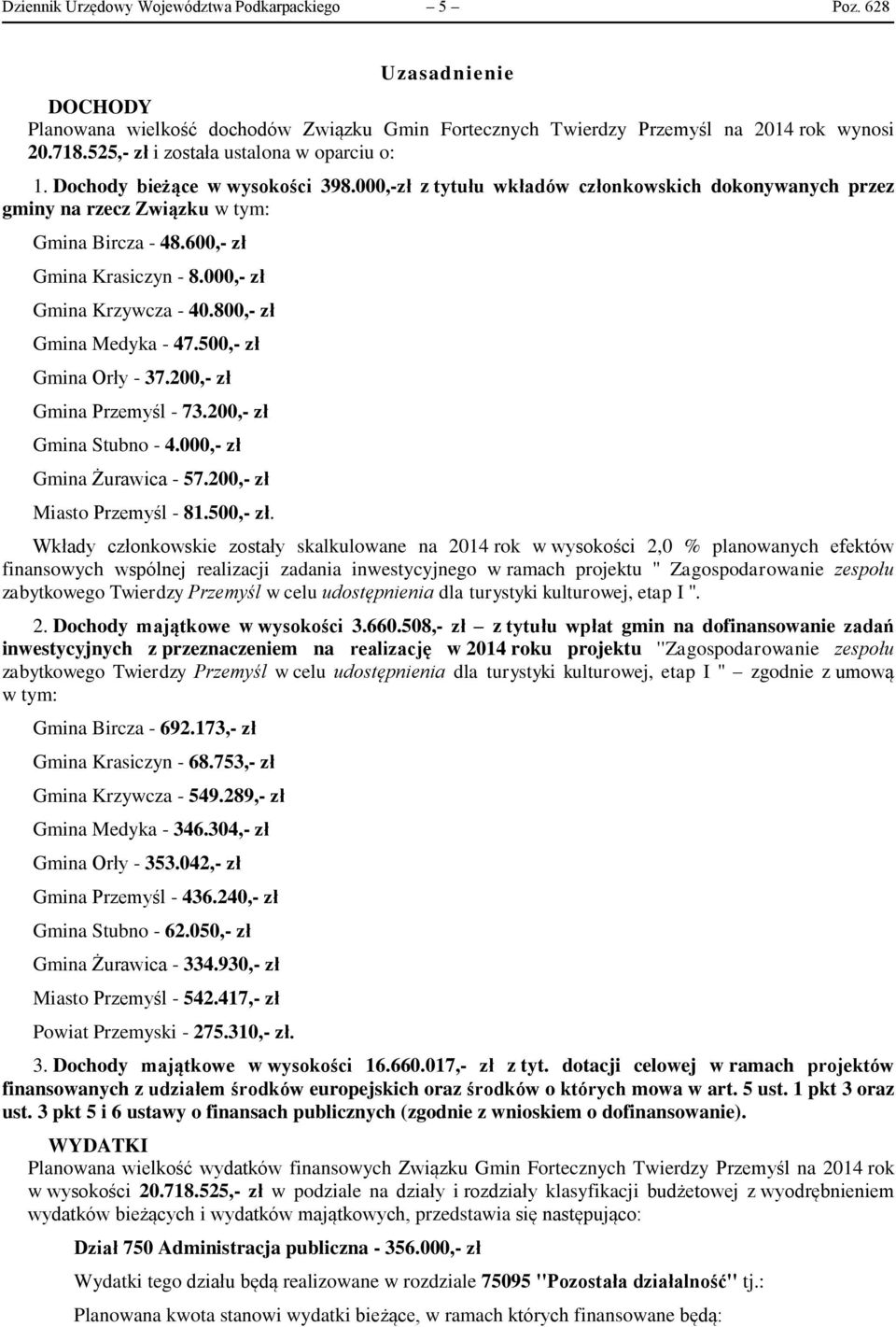 600,- zł Gmina Krasiczyn - 8.000,- zł Gmina Krzywcza - 40.800,- zł Gmina Medyka - 47.500,- zł Gmina Orły - 37.200,- zł Gmina Przemyśl - 73.200,- zł Gmina Stubno - 4.000,- zł Gmina Żurawica - 57.