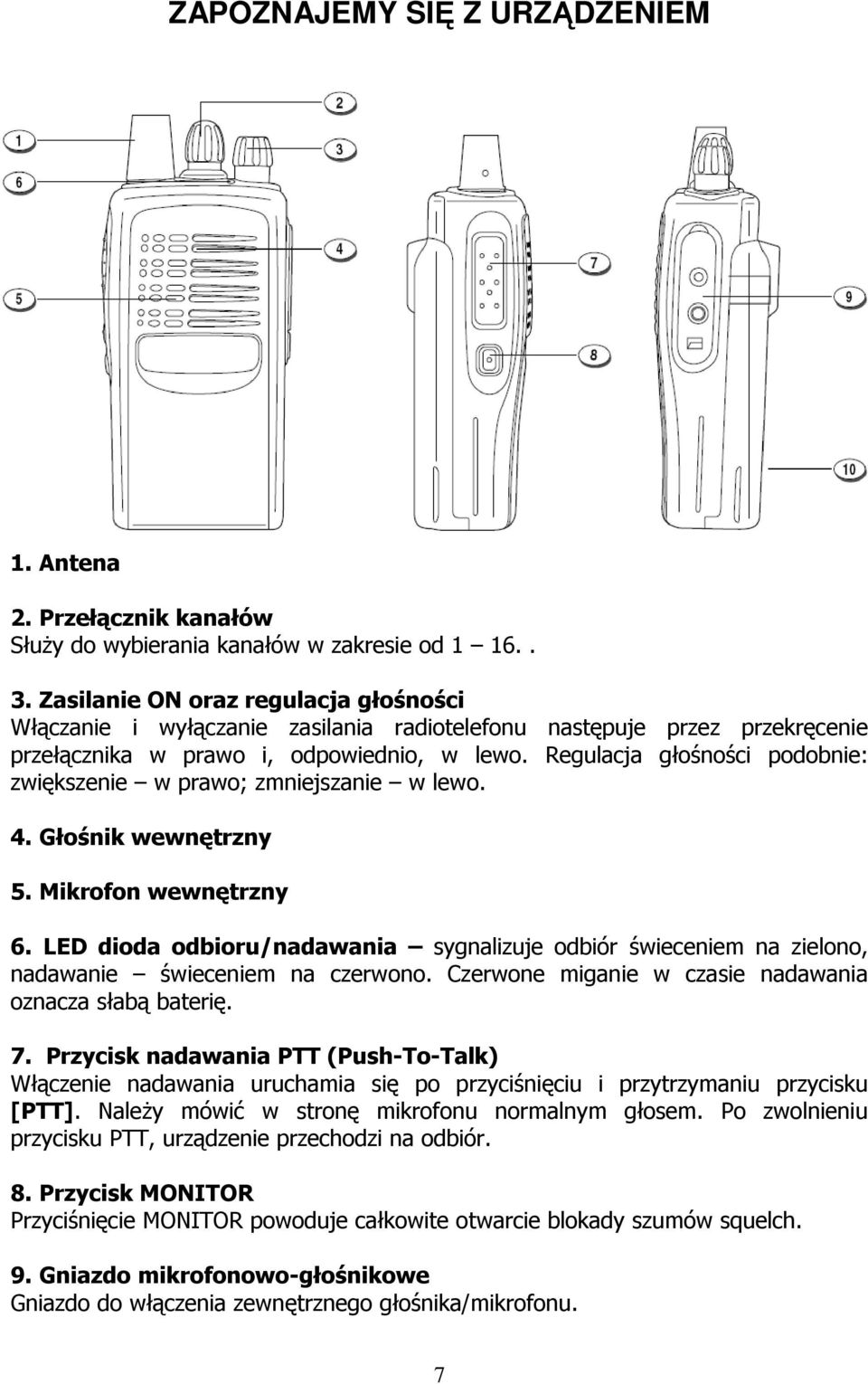 Regulacja głośności podobnie: zwiększenie w prawo; zmniejszanie w lewo. 4. Głośnik wewnętrzny 5. Mikrofon wewnętrzny 6.