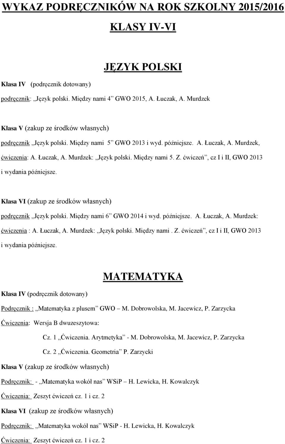 Między nami 6 GWO 2014 i wyd. późniejsze. A. Łuczak, A. Murdzek: ćwiczenia : A. Łuczak, A. Murdzek: Język polski. Między nami. Z. ćwiczeń, cz I i II, GWO 2013 i wydania późniejsze.