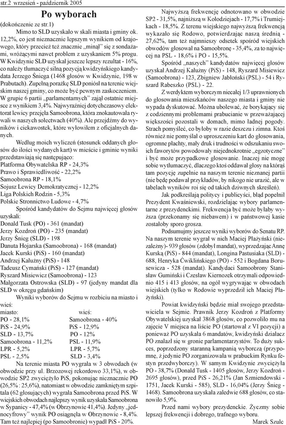 W Kwidzynie SLD uzyska³ jeszcze lepszy rezultat - 16%, co nale y t³umaczyæ siln¹ pozycj¹ kwidzyñskiego kandydata Jerzego Œniega (1468 g³osów w Kwidzynie, 198 w Prabutach).