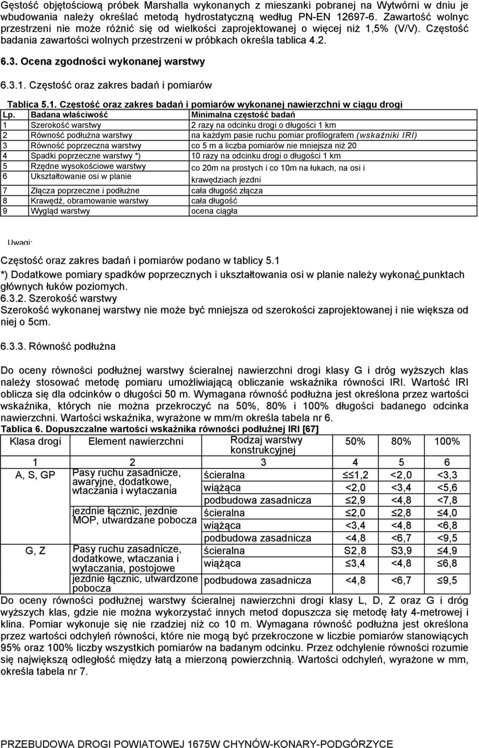 Ocena zgodności wykonanej warstwy 6.3.1. Częstość oraz zakres badań i pomiarów Tablica 5.1. Częstość oraz zakres badań i pomiarów wykonanej nawierzchni w ciągu drogi Lp.