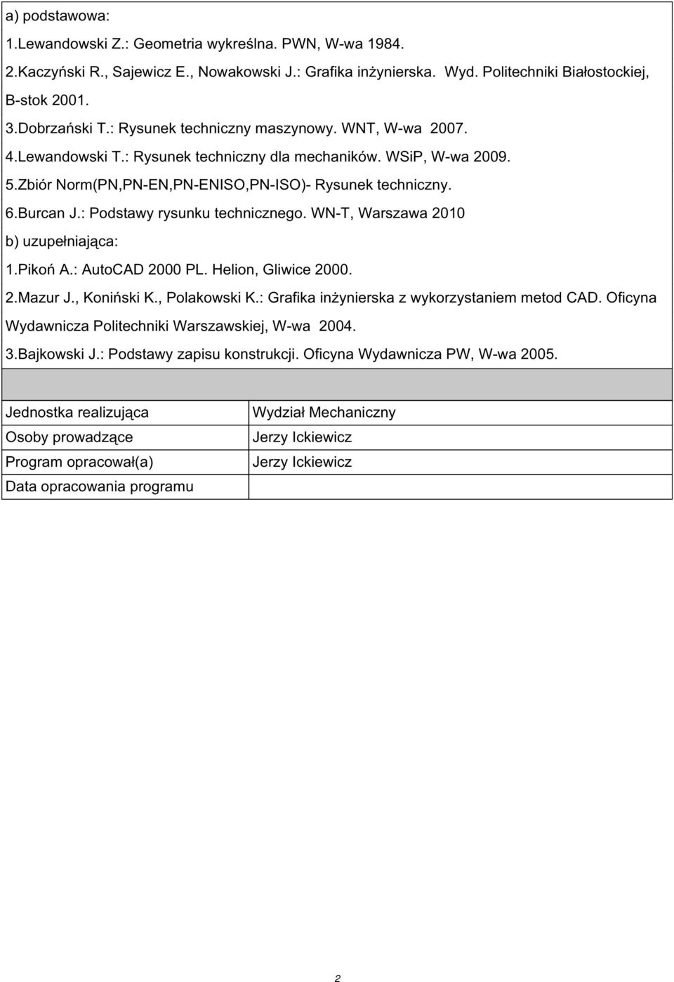 : Podstawy rysunku technicznego. WN-T, Warszawa 2010 b) uzupełniająca: 1.Pikoń A.: AutoCAD 2000 PL. Helion, Gliwice 2000. 2.Mazur J., Koniński K., Polakowski K.