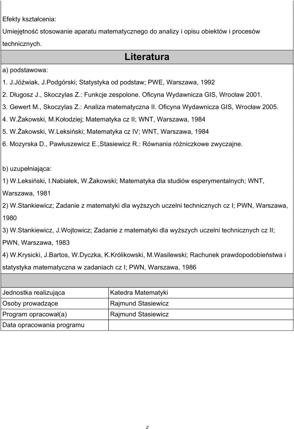 Oficyna Wydawnicza GIS, Wrocław 2005. 4. W.Żakowski, M.Kołodziej; Matematyka cz II; WNT, Warszawa, 1984 5. W.Żakowski, W.Leksiński; Matematyka cz IV; WNT, Warszawa, 1984 6. Mozyrska D.