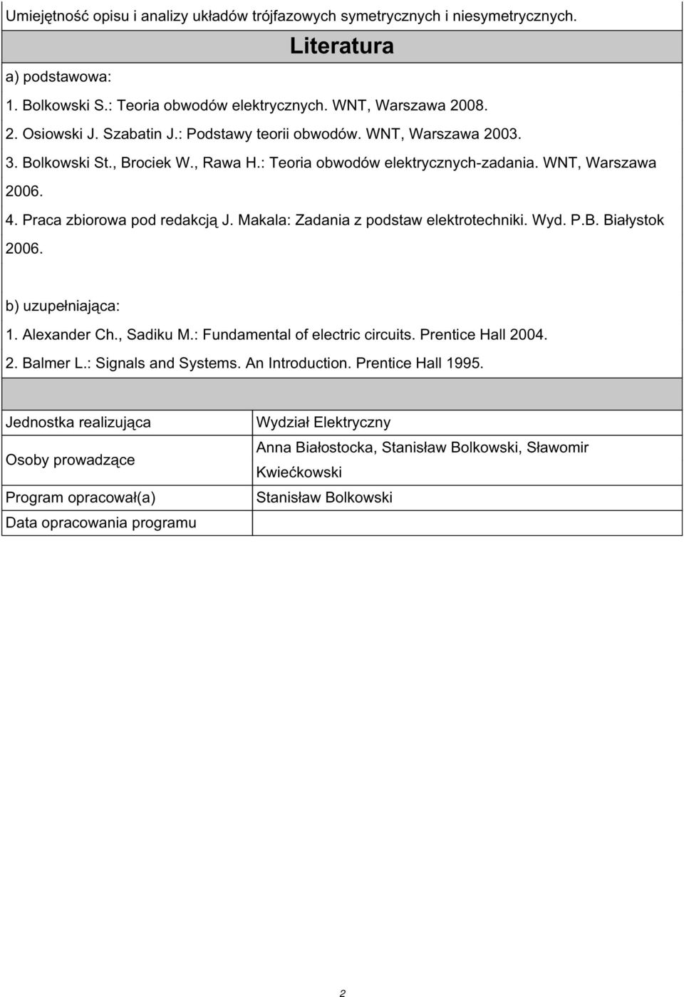 Makala: Zadania z podstaw elektrotechniki. Wyd. P.B. Białystok 2006. b) uzupełniająca: 1. Alexander Ch., Sadiku M.: Fundamental of electric circuits. Prentice Hall 2004. 2. Balmer L.