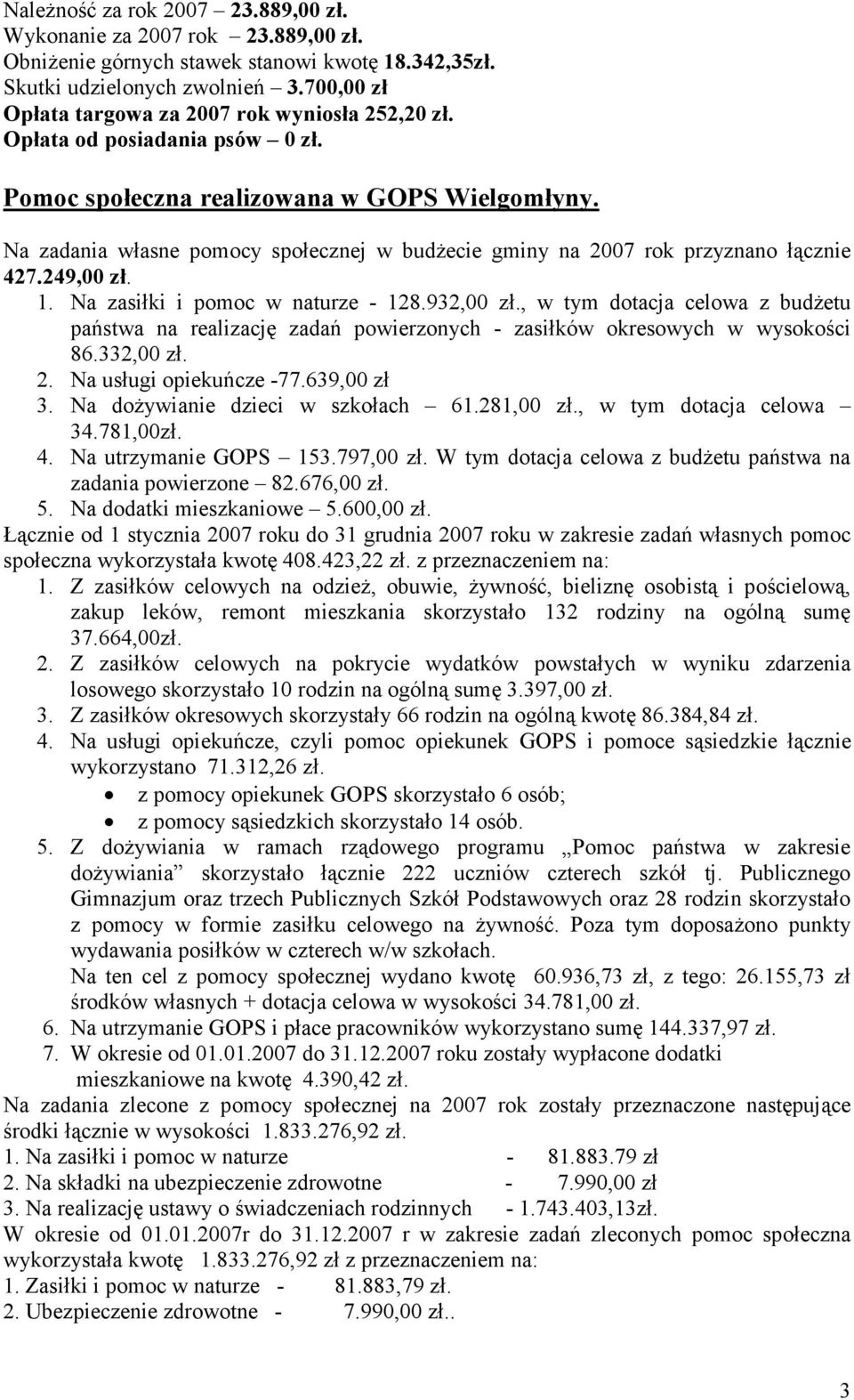 Na zadania własne pomocy społecznej w budżecie gminy na 2007 rok przyznano łącznie 427.249,00 zł. 1. Na zasiłki i pomoc w naturze - 128.932,00 zł.