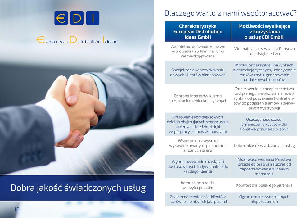 klientów biznesowych Ochrona interesów Klienta na rynkach niemieckojęzycznych Oferowanie kompleksowych działań obejmujących szereg usług z różnych dziedzin, dzięki współpracy z podwykonawcami