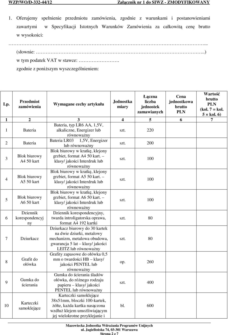 Przedmiot zamówienia Wymagane cechy artykułu Jednostka miary Łączna liczba jednostek zamawianych Strona 2 z 7 Cena jednostkowa brutto PLN Wartość brutto PLN (kol. 7 = kol. 5 kol.