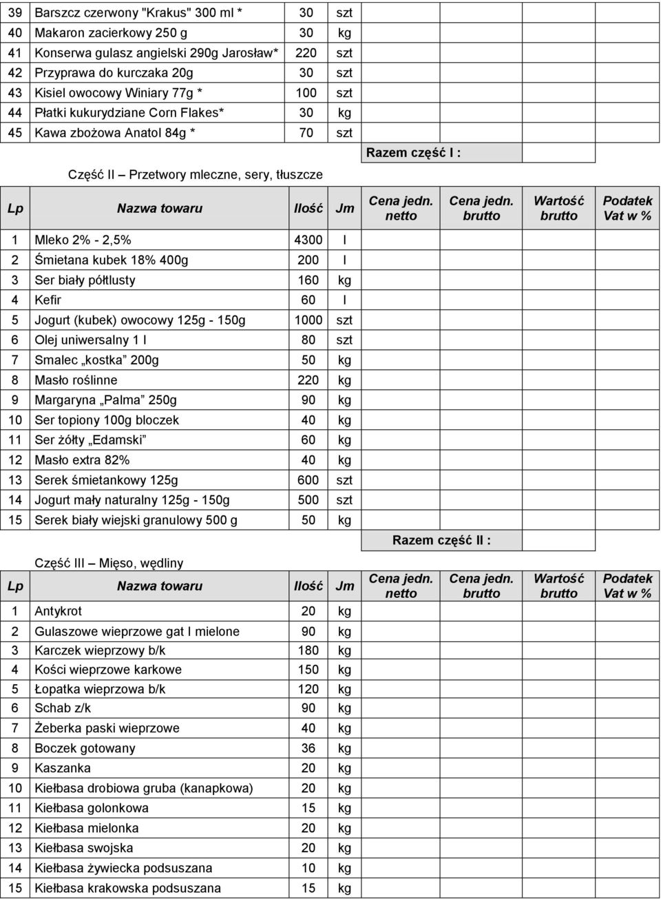 l 3 Ser biały półtlusty 160 kg 4 Kefir 60 l 5 Jogurt (kubek) owocowy 125g - 150g 1000 szt 6 Olej uniwersalny 1 l 80 szt 7 Smalec kostka 200g 50 kg 8 Masło roślinne 220 kg 9 Margaryna Palma 250g 90 kg