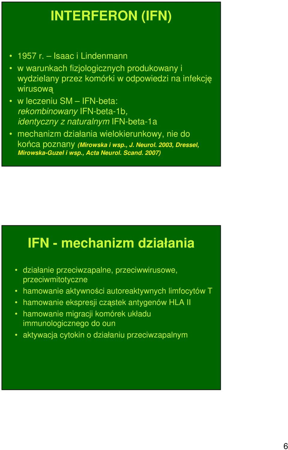 IFN-beta-1b, identyczny z naturalnym IFN-beta-1a mechanizm działania wielokierunkowy, nie do końca poznany (Mirowska i wsp., J. Neurol.