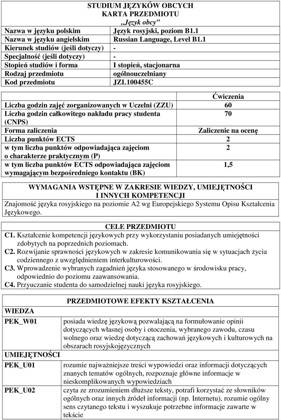 zajęć zorganizowanych w Uczelni (ZZU) 0 Liczba godzin całkowitego nakładu pracy studenta 70 (CNPS) Forma zaliczenia Zaliczenie na ocenę Liczba punktów ECTS 2 w tym liczba punktów odpowiadająca