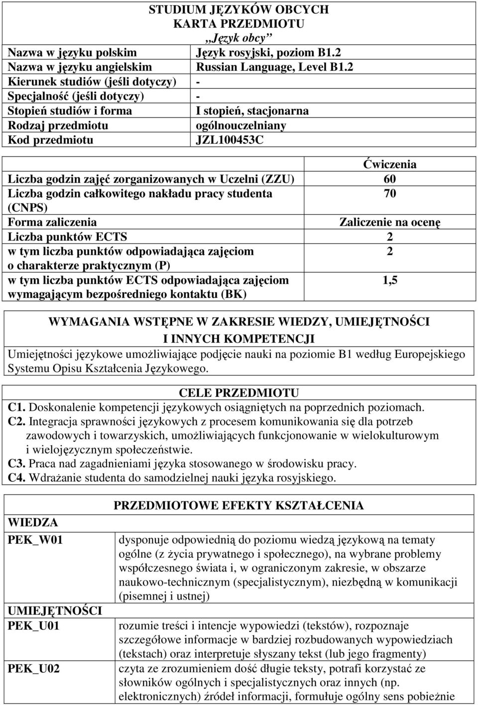 zajęć zorganizowanych w Uczelni (ZZU) 0 Liczba godzin całkowitego nakładu pracy studenta 70 (CNPS) Forma zaliczenia Zaliczenie na ocenę Liczba punktów ECTS 2 w tym liczba punktów odpowiadająca