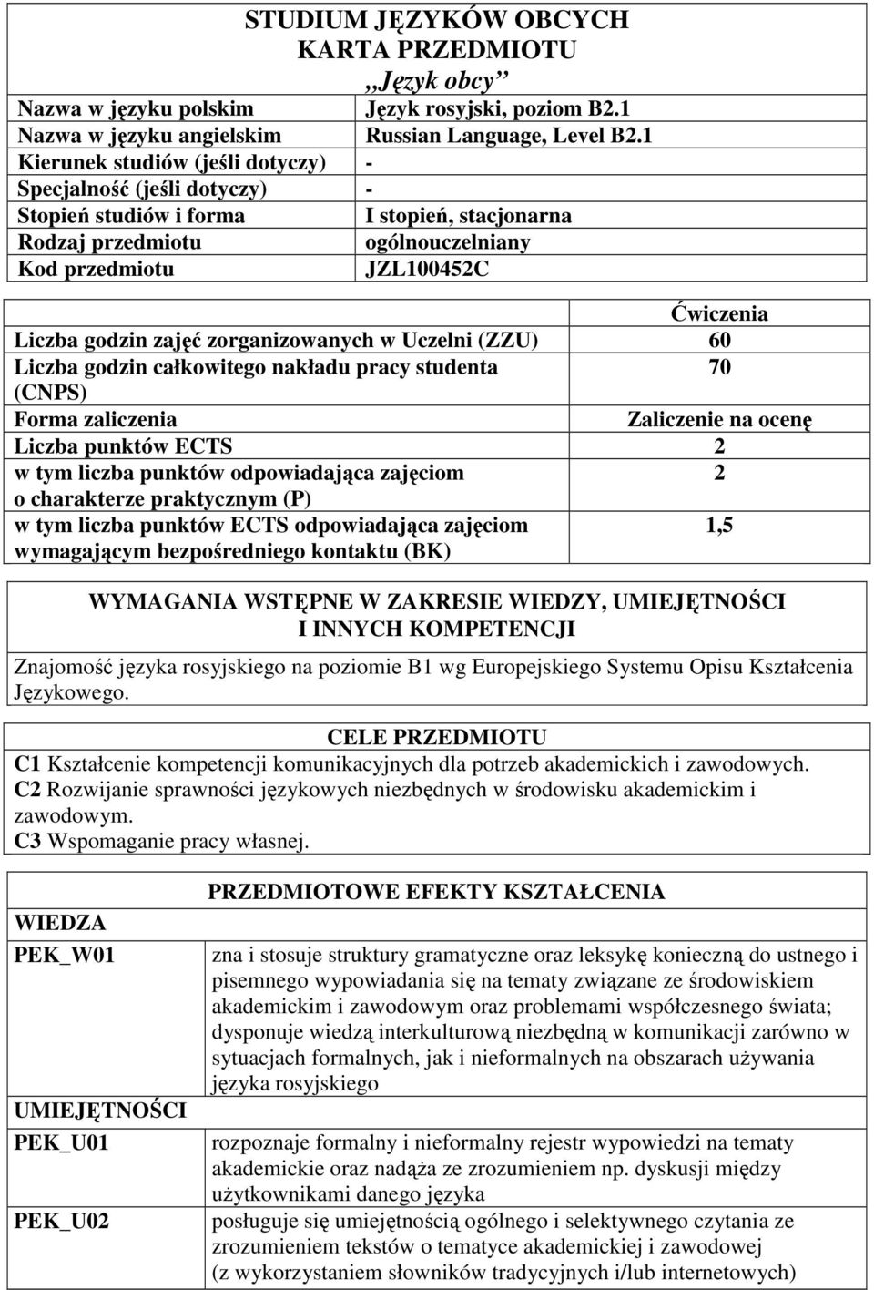 zajęć zorganizowanych w Uczelni (ZZU) 0 Liczba godzin całkowitego nakładu pracy studenta 70 (CNPS) Forma zaliczenia Zaliczenie na ocenę Liczba punktów ECTS 2 w tym liczba punktów odpowiadająca