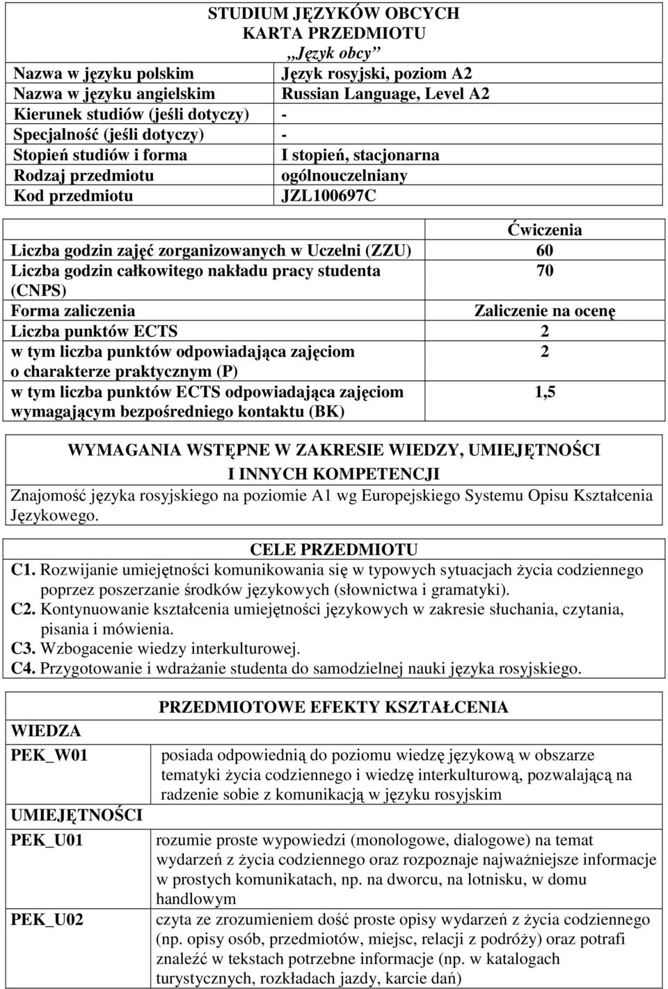 godzin całkowitego nakładu pracy studenta 70 (CNPS) Forma zaliczenia Zaliczenie na ocenę Liczba punktów ECTS 2 w tym liczba punktów odpowiadająca zajęciom 2 o charakterze praktycznym (P) w tym liczba