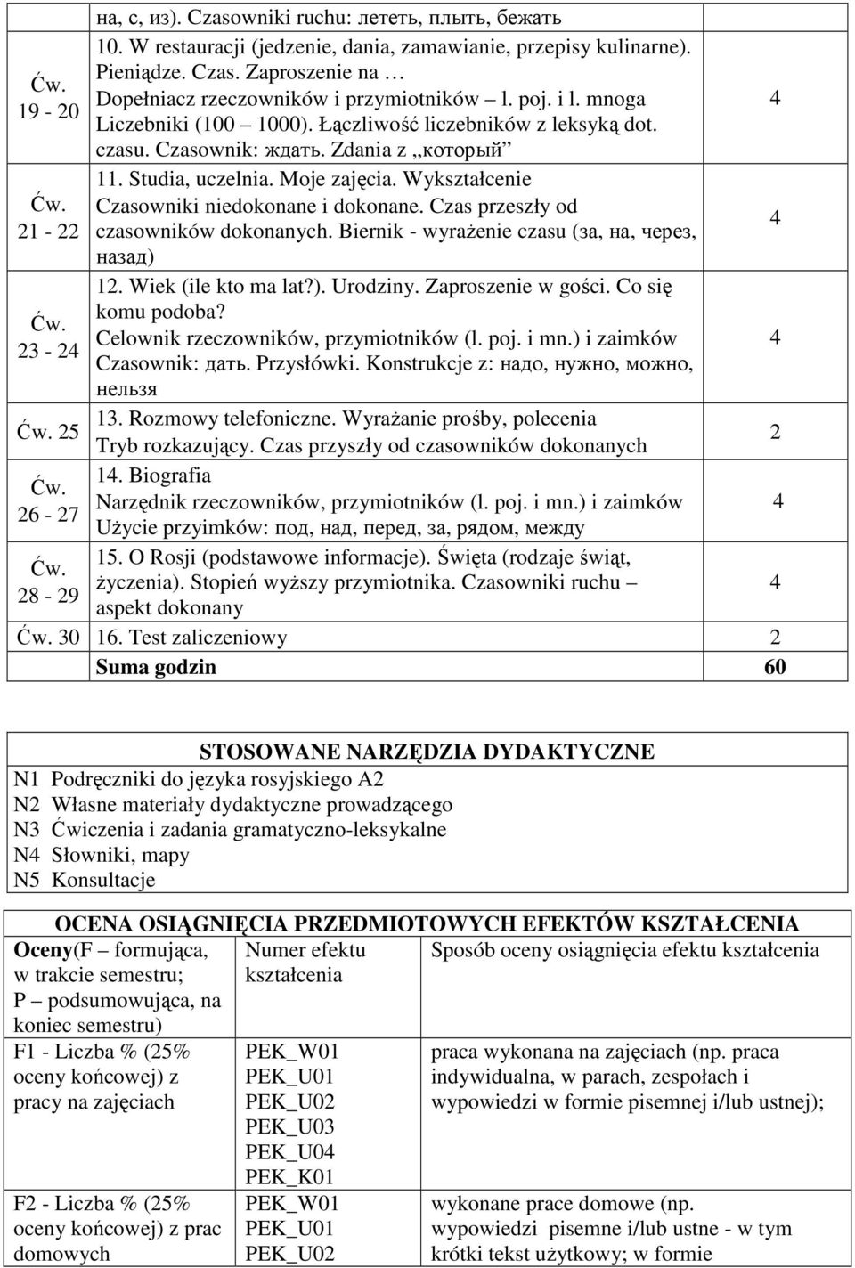 Wykształcenie Czasowniki niedokonane i dokonane. Czas przeszły od 21-22 czasowników dokonanych. Biernik - wyrażenie czasu (за, на, через, назад) 12. Wiek (ile kto ma lat?). Urodziny.