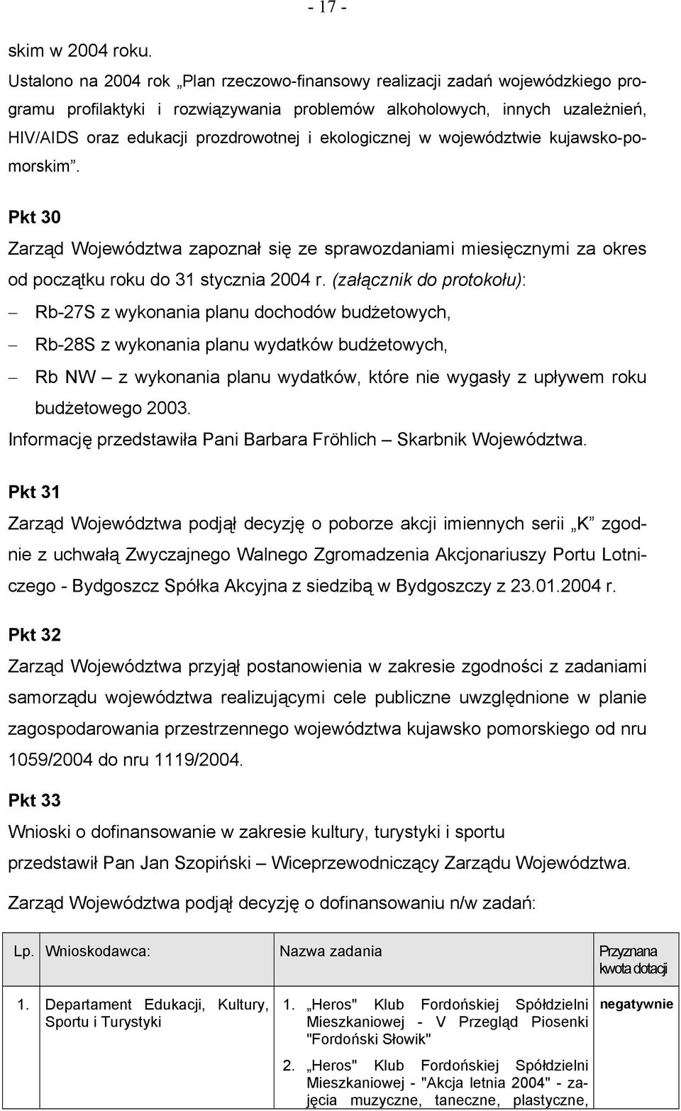 ekologicznej w województwie kujawsko-pomorskim. Pkt 30 Zarząd Województwa zapoznał się ze sprawozdaniami miesięcznymi za okres od początku roku do 31 stycznia 2004 r.