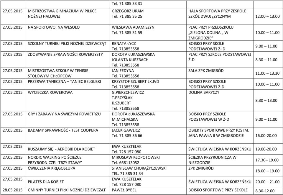 05.2015 PRZERWA TANECZNA TANIEC BELGIJSKI KRZYSTOF SZUBERT LK.IVD 27.05.2015 WYCIECZKA ROWEROWA G.PIERZCHLEWICZ T.PRZYŚLAK K.SZUBERT 27.05.2015 GRY I ZABAWY NA ŚWIEŻYM POWIETRZU DOROTA ŁUKASZEWSKA M.