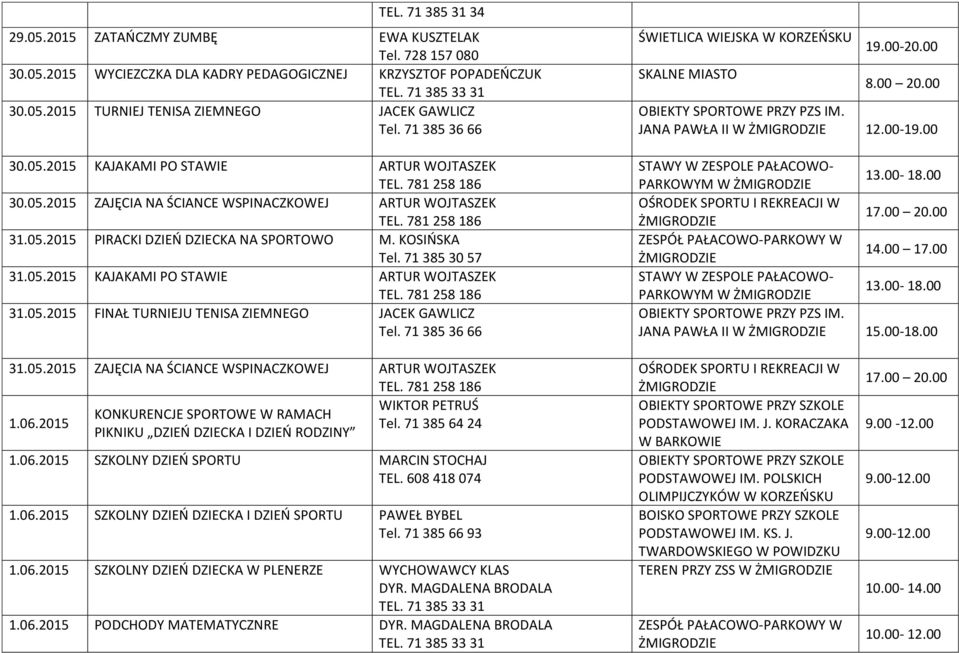 00-20.00 8.00 20.00 JANA PAWŁA II W 12.00-19.00 STAWY W ZESPOLE PAŁACOWO- PARKOWYM W 13.00-18.00 OŚRODEK SPORTU I REKREACJI W 17.00 20.00 ZESPÓŁ PAŁACOWO-PARKOWY W 14.00 17.