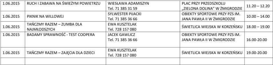 20 12.20 10.00 14.00 ŚWIETLICA WIEJSKA W KORZEŃSKU 18.00 19.00 JANA PAWŁA II W 16.00-20.00 1.06.