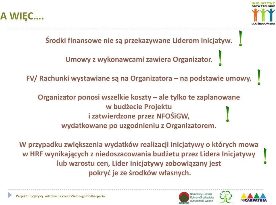 Organizator ponosi wszelkie koszty ale tylko te zaplanowane w budżecie Projektu i zatwierdzone przez NFOŚiGW, wydatkowane po