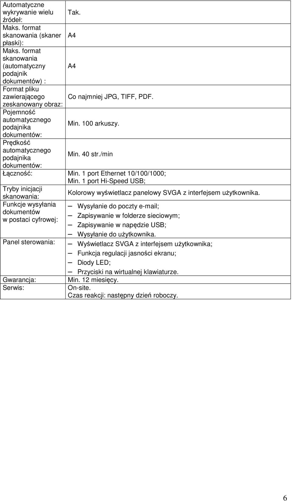 podajnika dokumentów: Prędkość automatycznego Min. 40 str./min podajnika dokumentów: Łączność: Min. 1 port Ethernet 10/100/1000; Min.