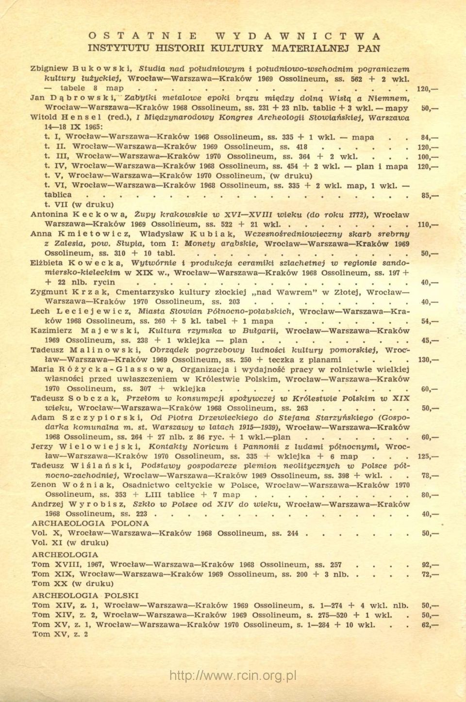 tablic + 3 wkl. mapy 50, Witold H e n s e 1 (red.), I Międzynarodowy Kongres Archeologii Słowiańskiej, Warszawa 14 18 IX 1965: t. I, Wrocław Warszawa Kraków 1968 Ossolineum, ss. 335 + 1 wkl. mapa.