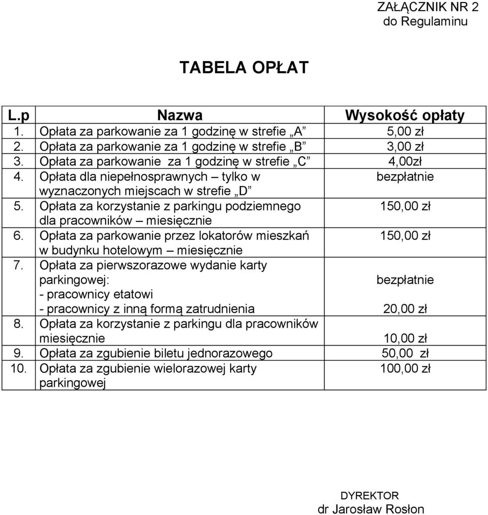 Opłata za korzystanie z parkingu podziemnego 150,00 zł dla pracowników miesięcznie 6. Opłata za parkowanie przez lokatorów mieszkań 150,00 zł w budynku hotelowym miesięcznie 7.