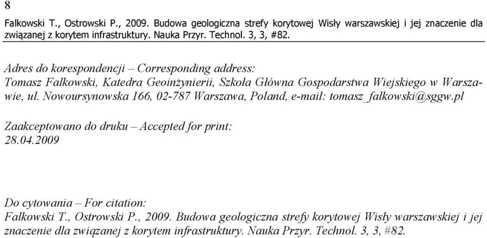 Falkowski, Katedra Geoinżynierii, Szkoła Główna Gospodarstwa Wiejskiego w Warszawie, ul.