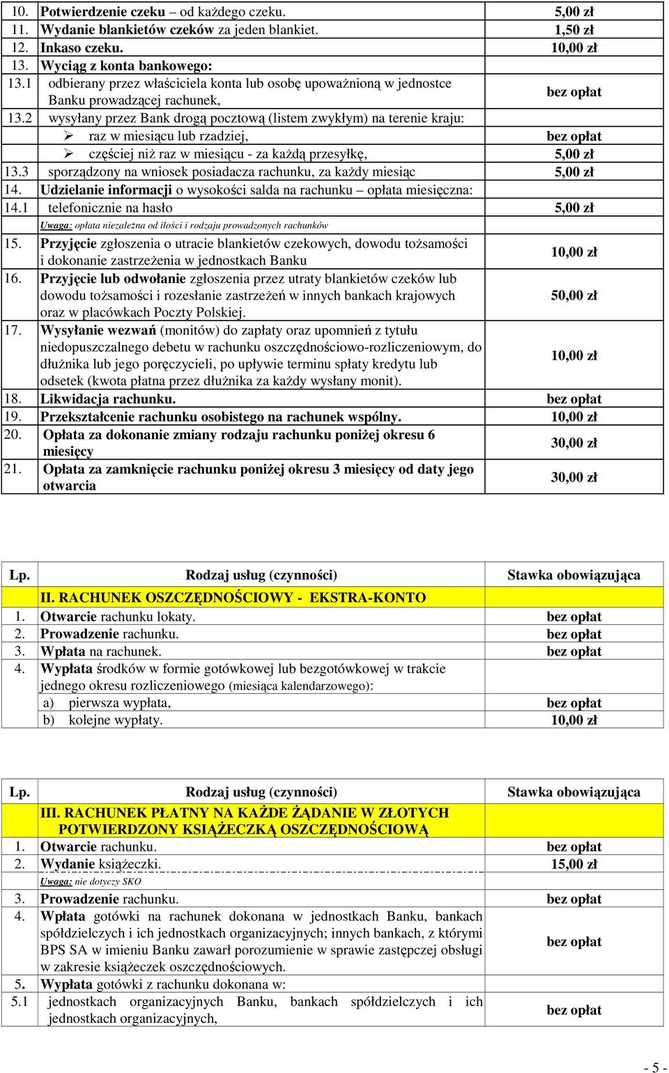 2 wysyłany przez Bank drogą pocztową (listem zwykłym) na terenie kraju: raz w miesiącu lub rzadziej, częściej niŝ raz w miesiącu - za kaŝdą przesyłkę, 5,00 zł 13.